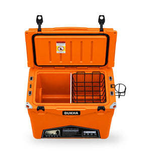 Hard Cooler DUKHA con ruedas 60QT W-Series color Orange, abierto