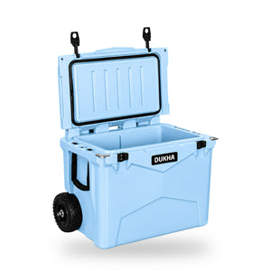 Hard Cooler DUKHA con ruedas 60QT W-Series color Sky Blue, abierto