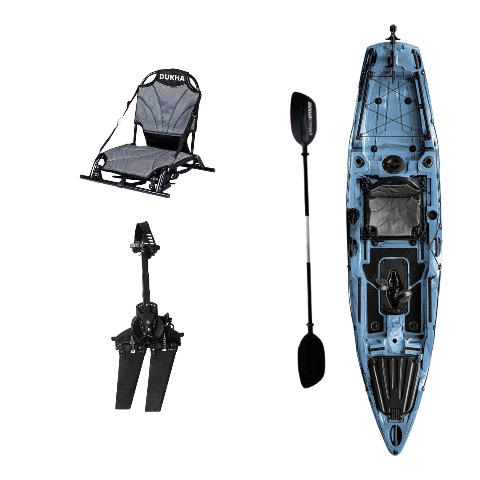 Kayak DUKHA Mahi Mahi 12.5 color Blue Black Mixed, vista desde arriba con sus accesorios