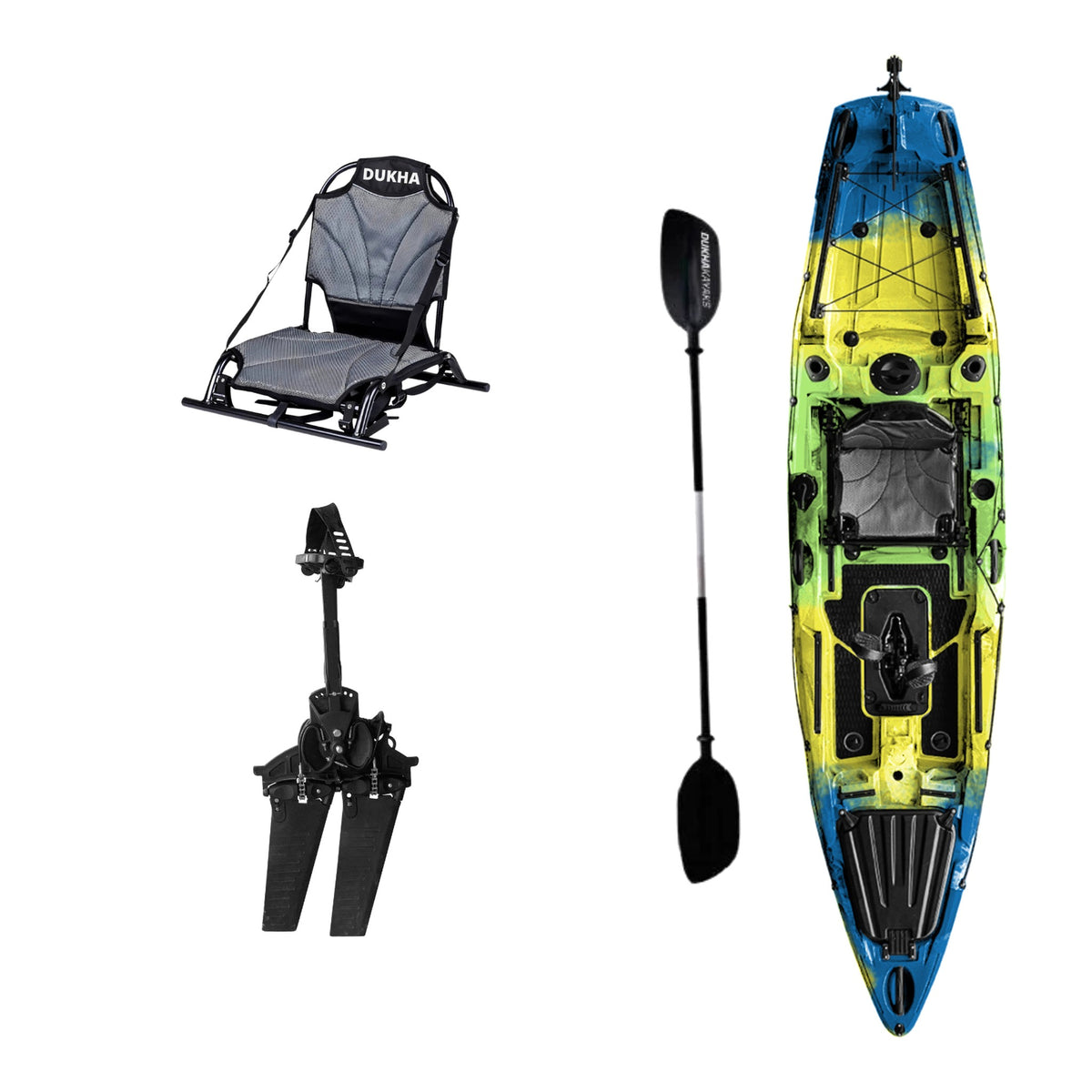Kayak DUKHA Mahi Mahi 12.5 color Mahi Mahi, vista desde arriba con sus accesorios