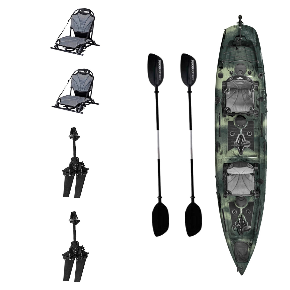 Kayak DUKHA Mahi Mahi 14 Tandem color Forest Camo, vista desde arriba con sus accesorios