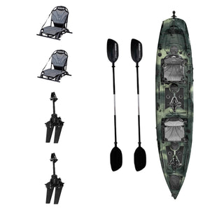 Kayak DUKHA Mahi Mahi 14 Tandem color Forest Camo, vista desde arriba con sus accesorios