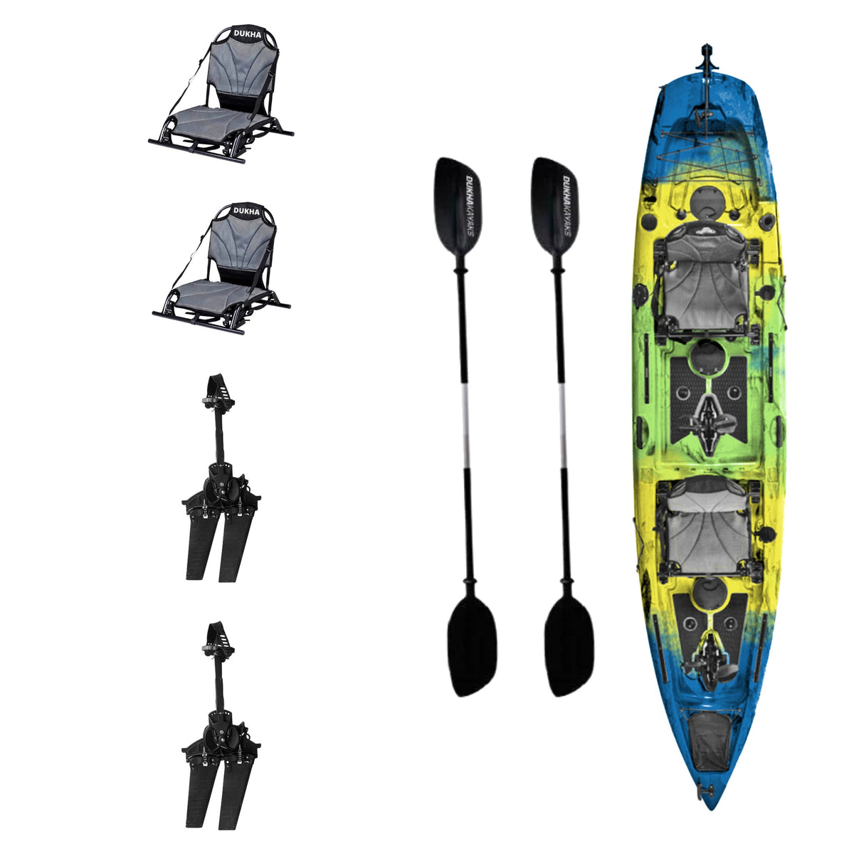 Kayak DUKHA Mahi Mahi 14 Tandem color Mahi Mahi, vista desde arriba con sus accesorios