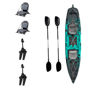 Kayak DUKHA Mahi Mahi 14 Tandem color Seafom Green, vista desde arriba con sus accesorios