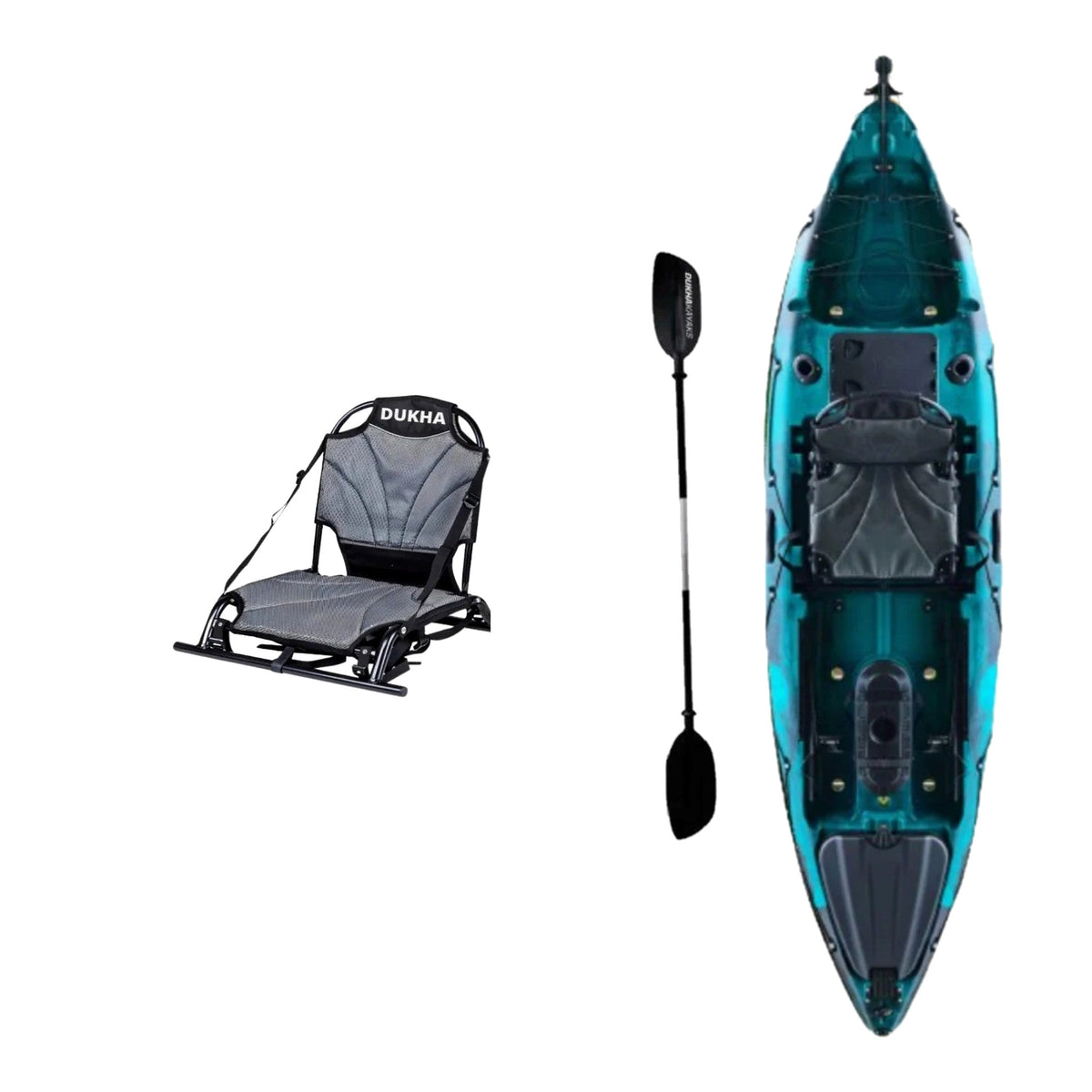 Kayak DUKHA Permit 10.1 color Green Black Mixed, vista desde arriba con sus accesorios