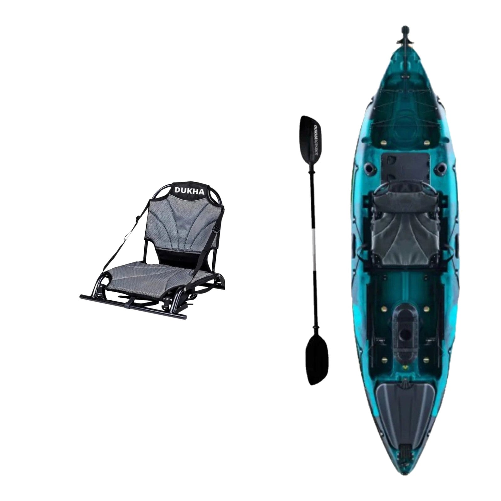 Kayak DUKHA Permit 10.1 color Green Black Mixed, vista desde arriba con sus accesorios