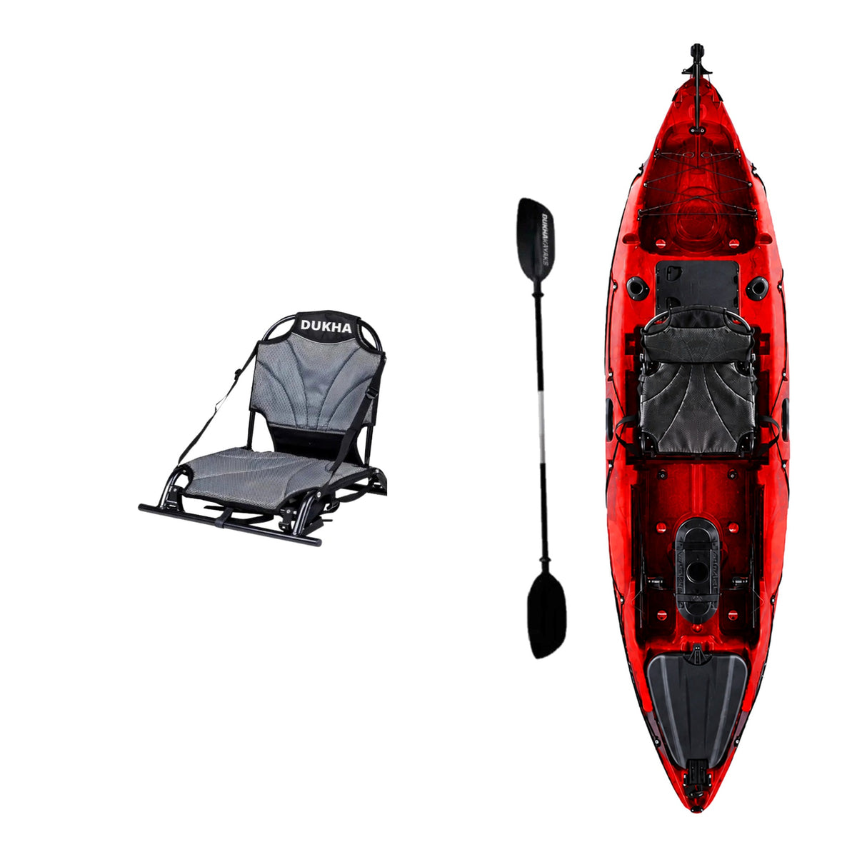 Kayak DUKHA Permit 10.1 color Red Camo, vista desde arriba con sus accesorios