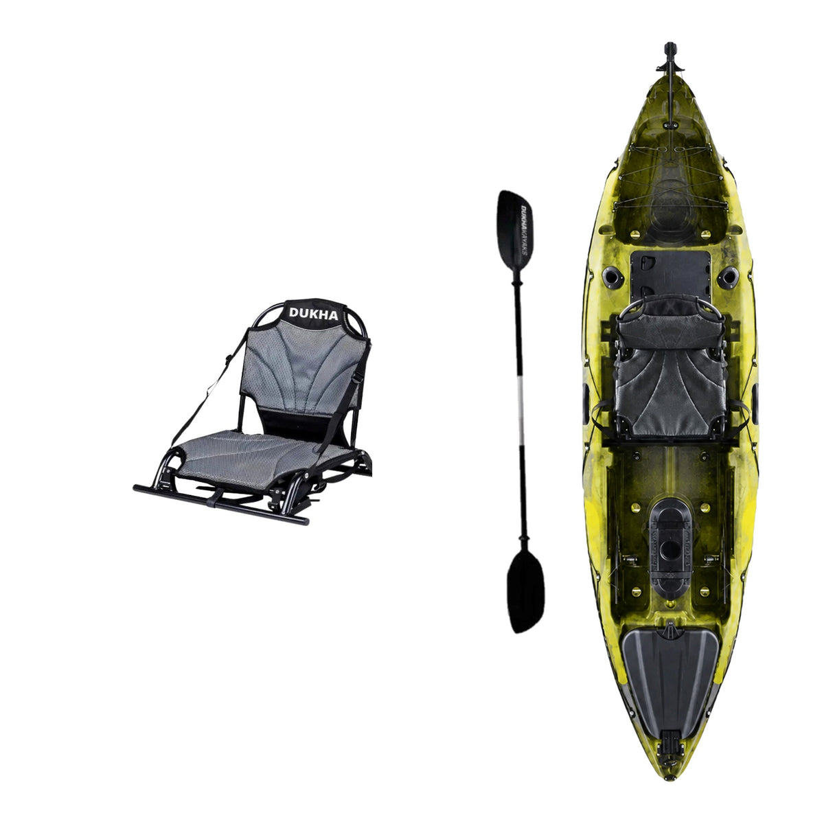 Kayak DUKHA Permit 10.1 color Yellow Camo, vista desde arriba con sus accesorios