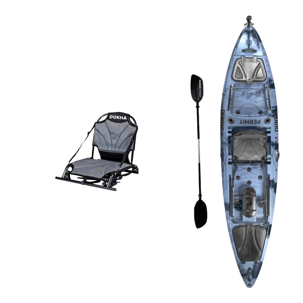 Kayak DUKHA Permit 13 color Blue Black Mixed, vista desde arriba con sus accesorios