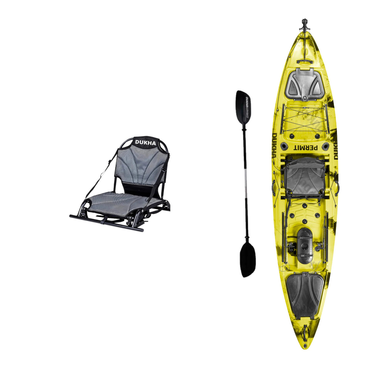 Kayak DUKHA Permit 13 color Yellow Camo, vista desde arriba con sus accesorios