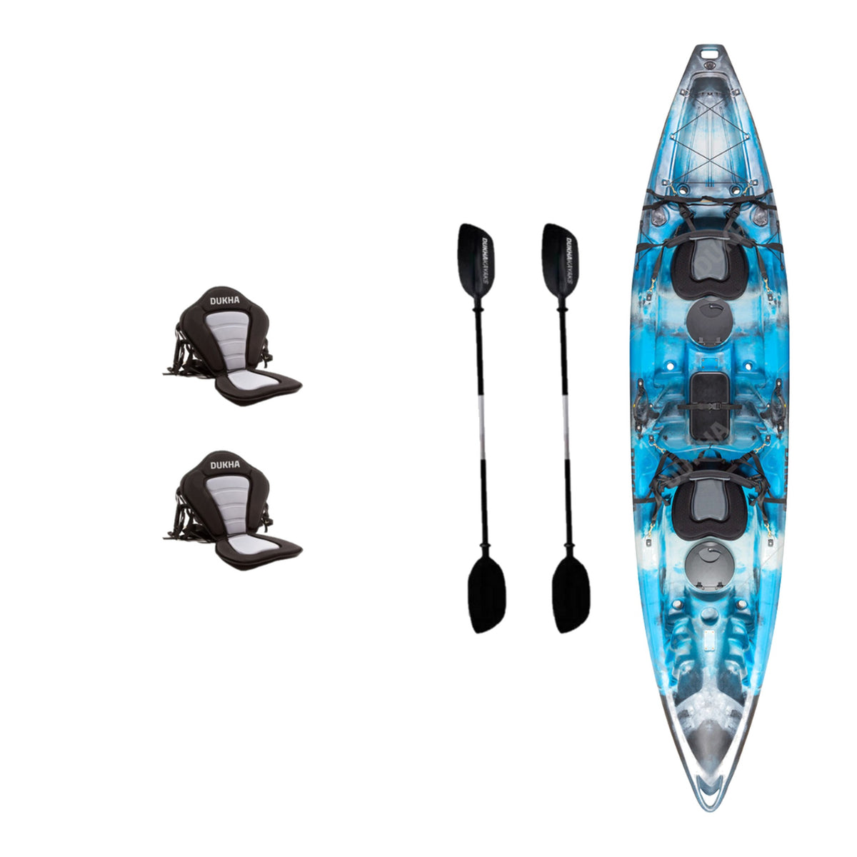 Kayak DUKHA Pike Doble color Blue Grey Black, vista desde arriba con sus accesorios
