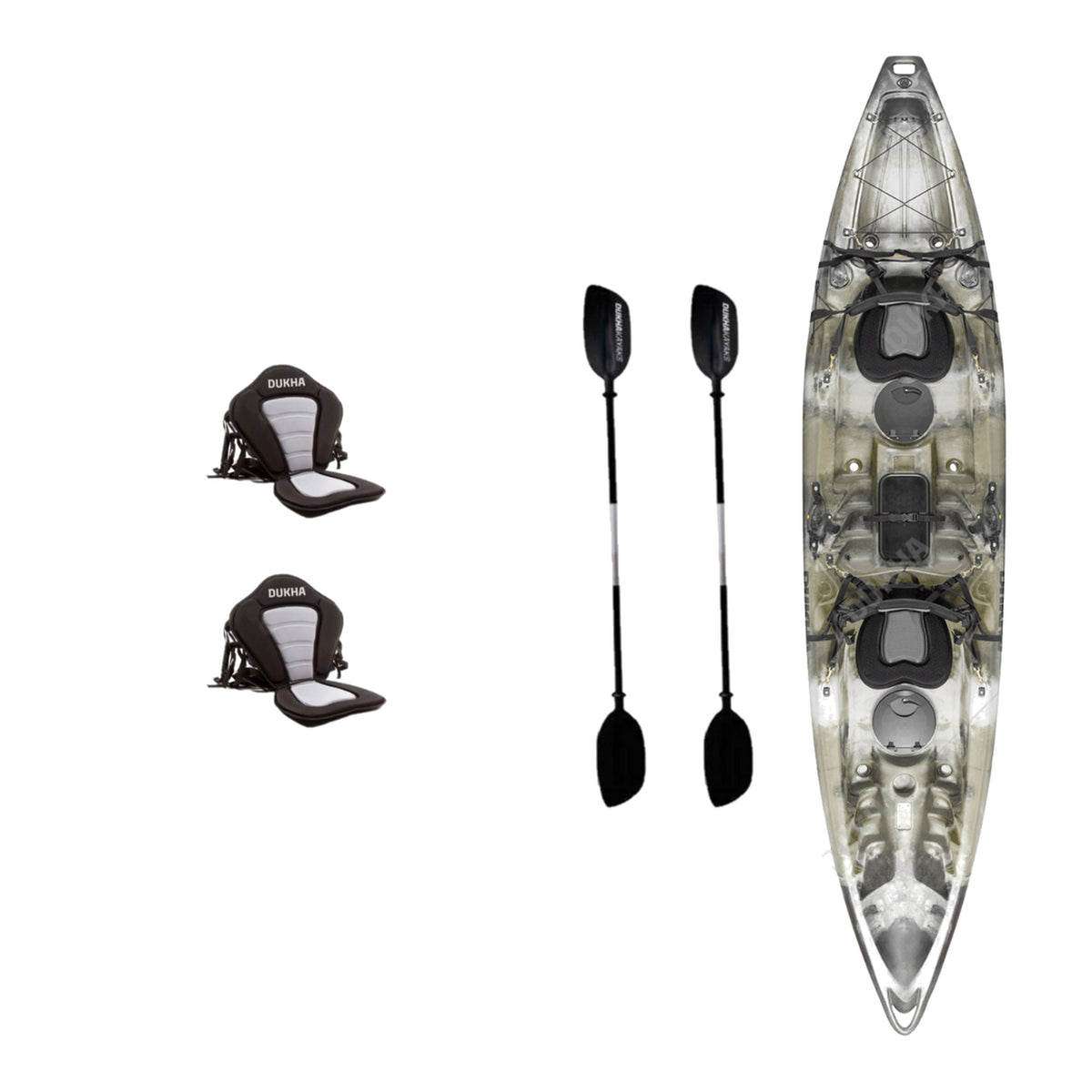 Kayak DUKHA Pike Doble color Desert Camo, vista desde arriba con sus accesorios