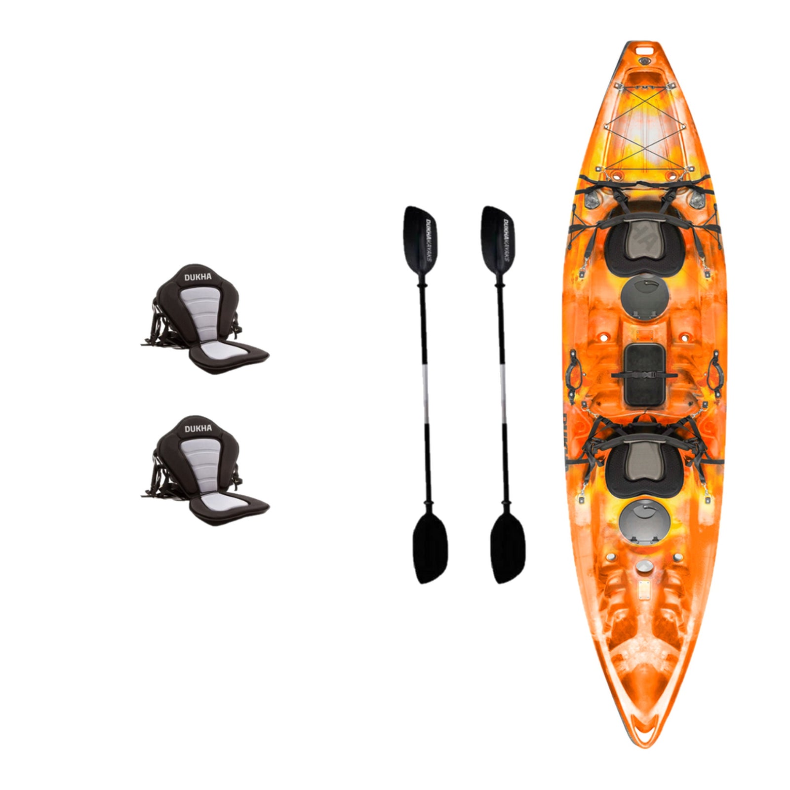 Kayak DUKHA Pike Doble color Orange Yellow, vista desde arriba con sus accesorios