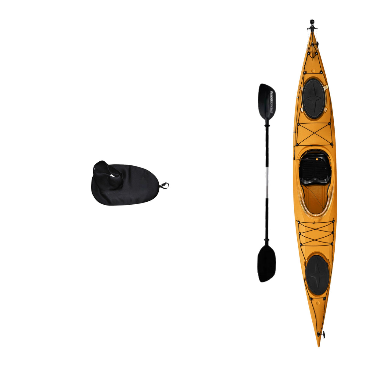 Kayak DUKHA Sailfish 14 color Orange, vista desde arriba con sus accesorios
