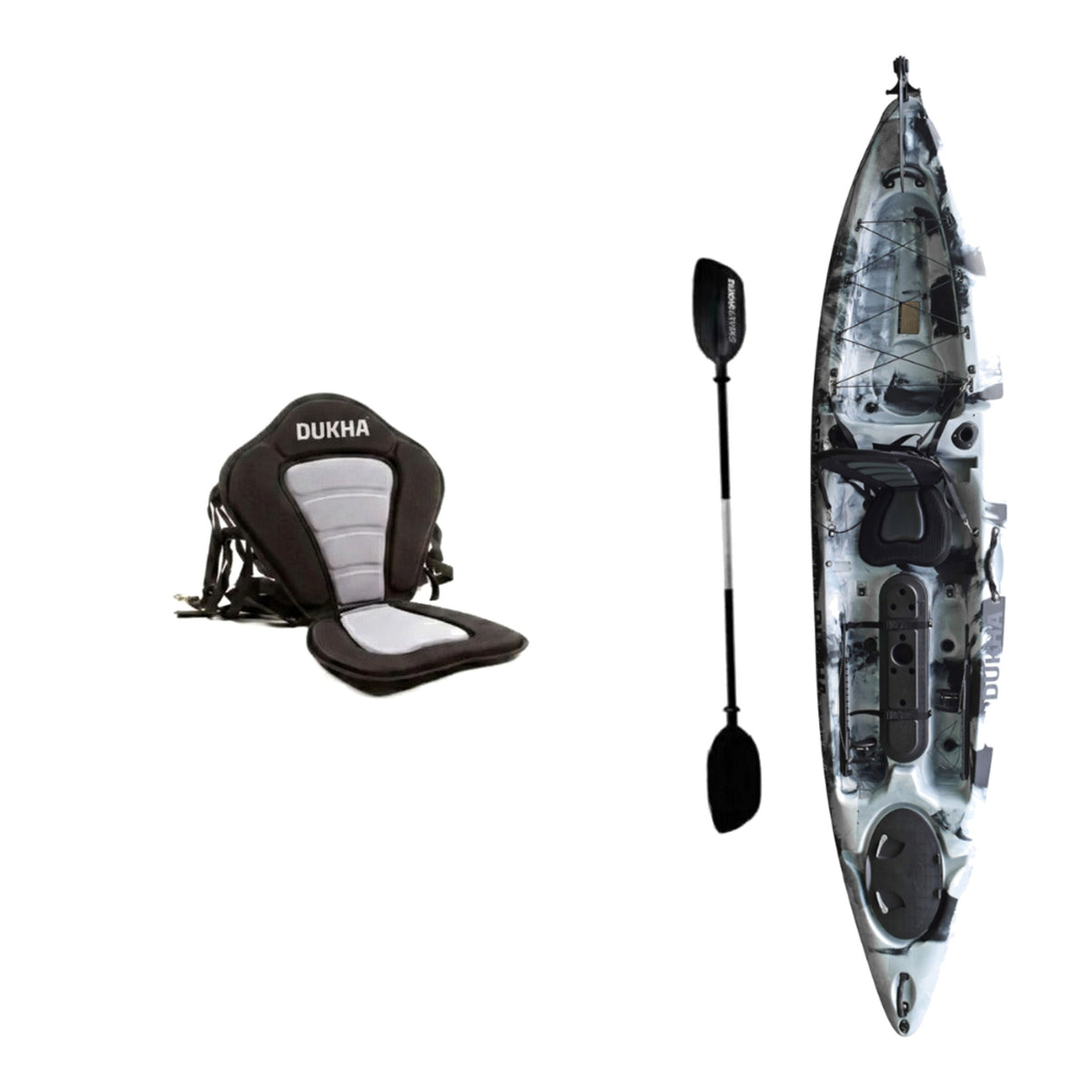 Kayak DUKHA Serra 12 color Black White, vista desde arriba con sus accesorios