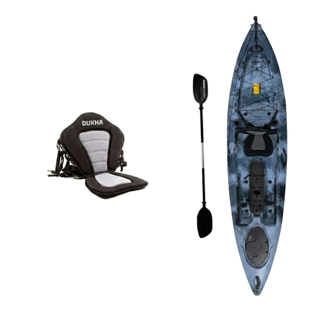 Kayak DUKHA Serra 12 color Blue Black Mixed, vista desde arriba con sus accesorios
