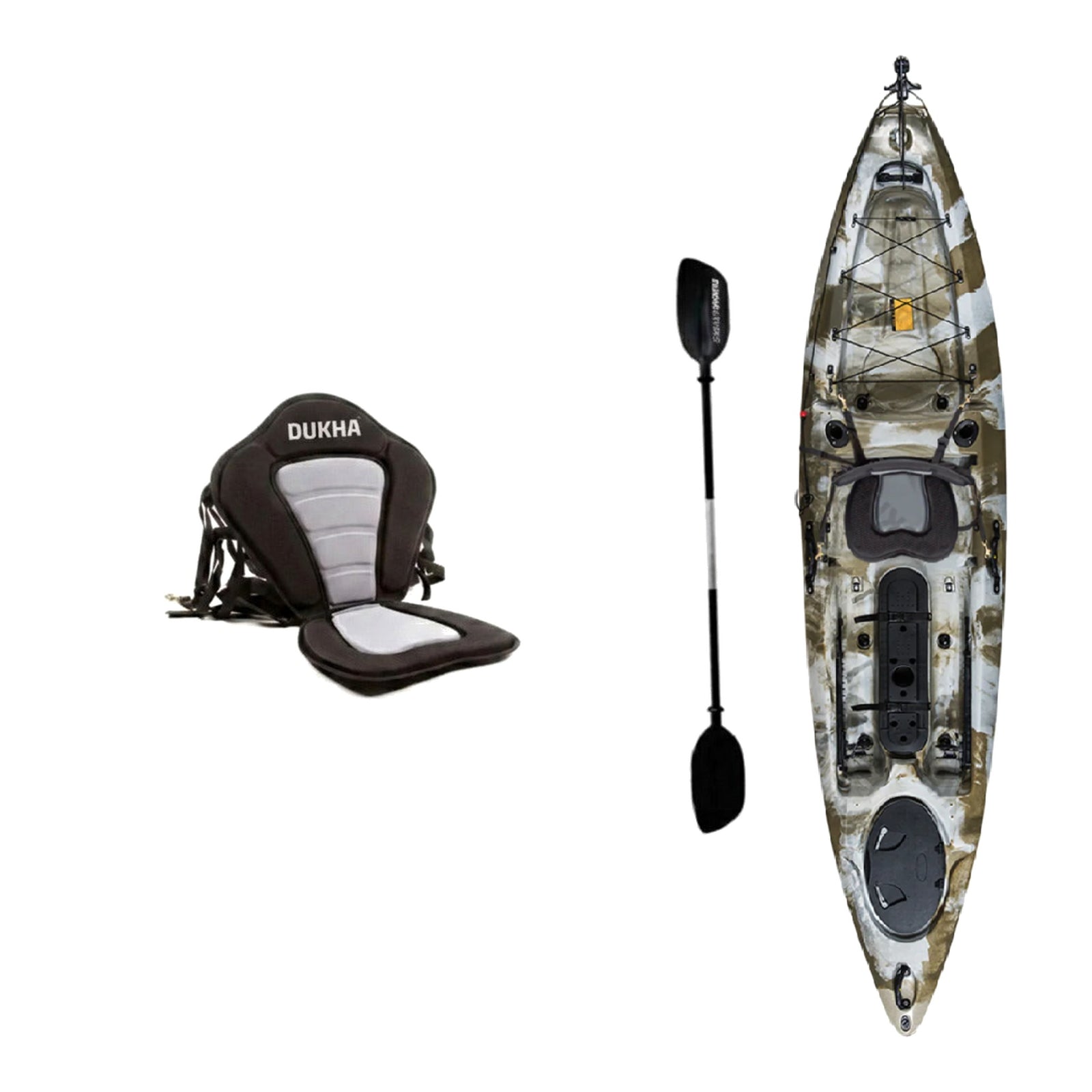 Kayak DUKHA Serra 12 color Desert Camo, vista desde arriba con sus accesorios