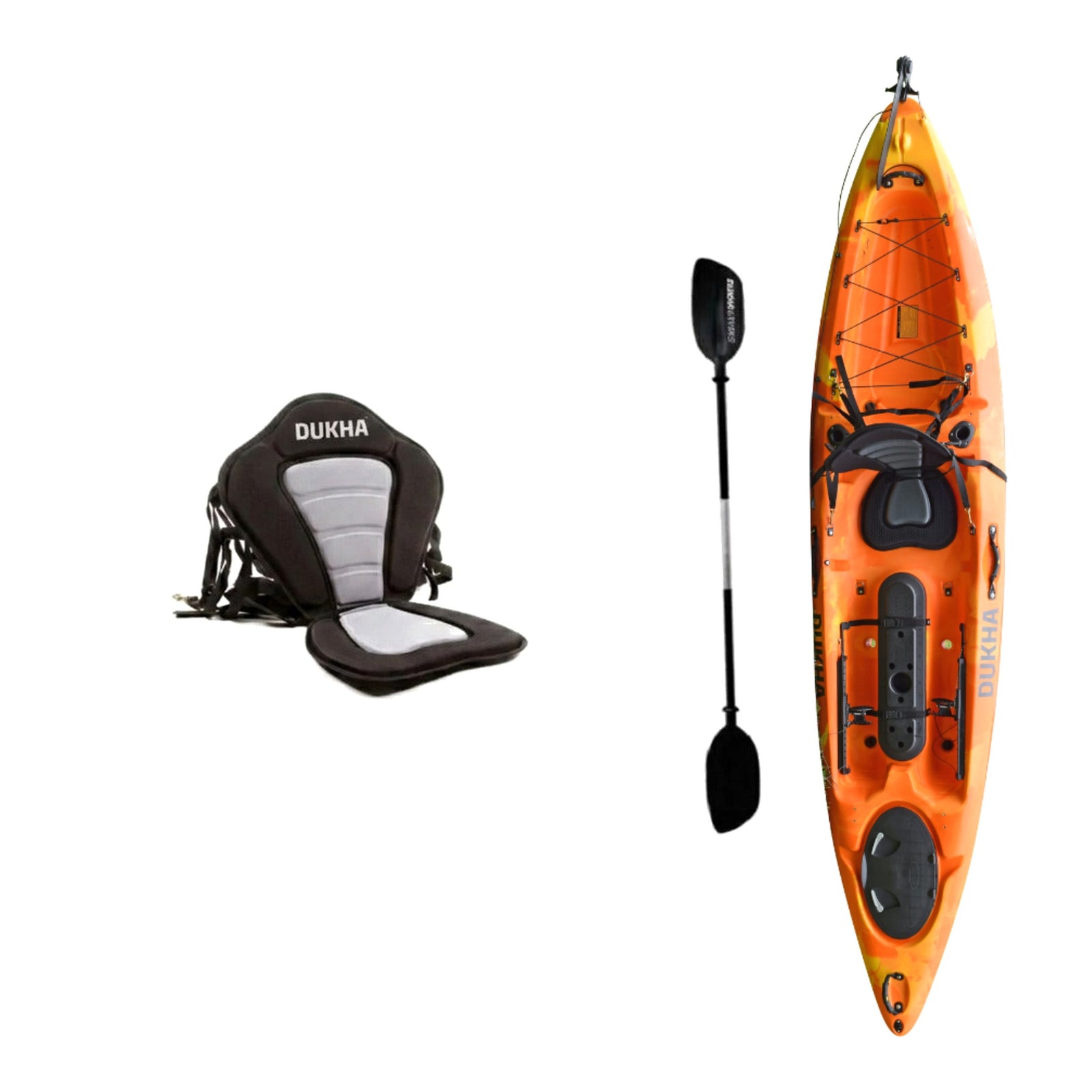 Kayak DUKHA Serra 12 color Orange Black, vista desde arriba con sus accesorios