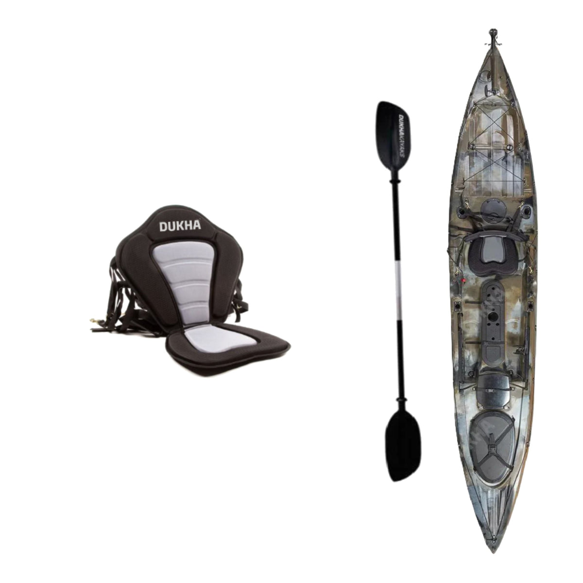 Kayak DUKHA Serra 14 color Desert Camo, vista desde arriba con sus accesorios