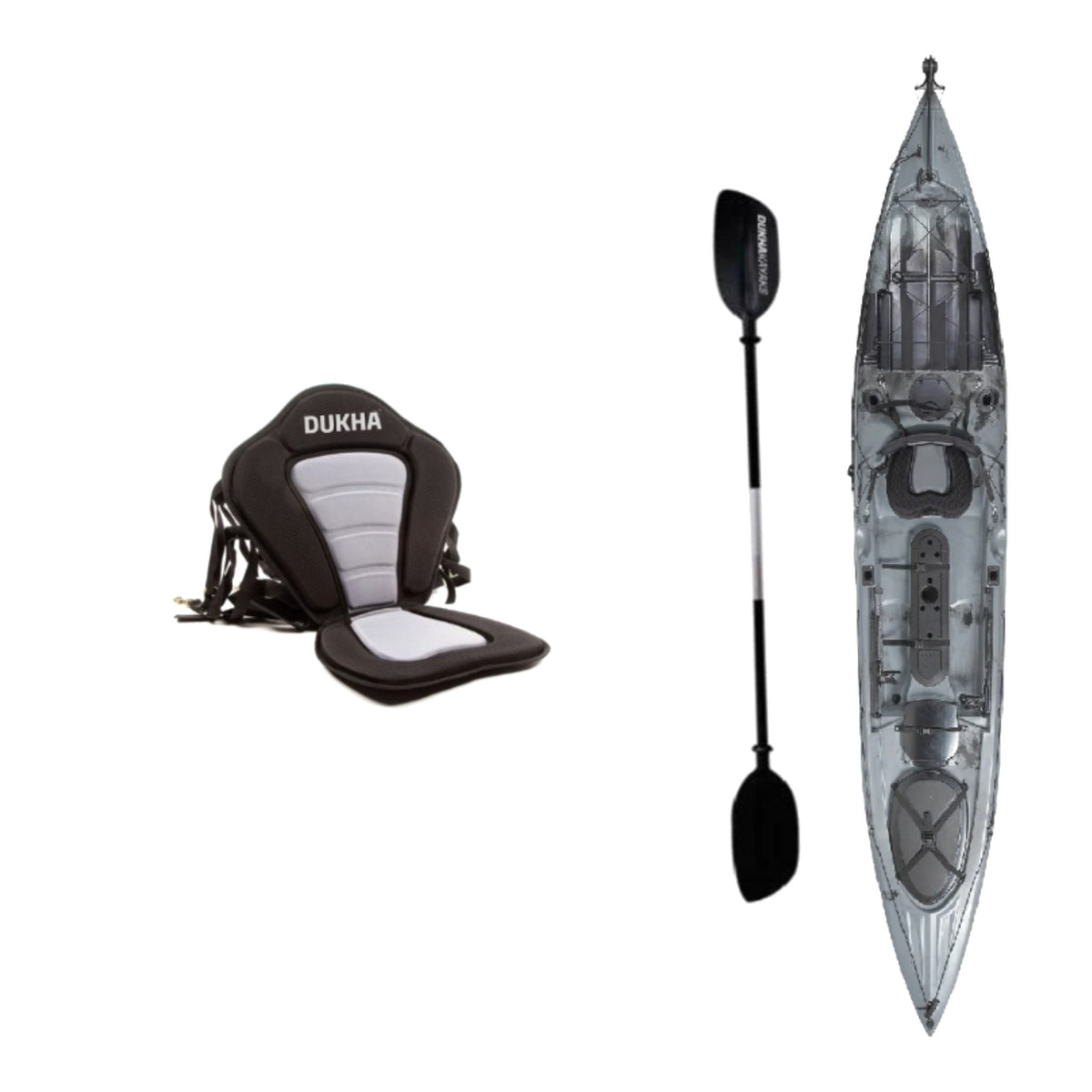 Kayak DUKHA Serra 14 color Grey Black Mixed, vista desde arriba con sus accesorios
