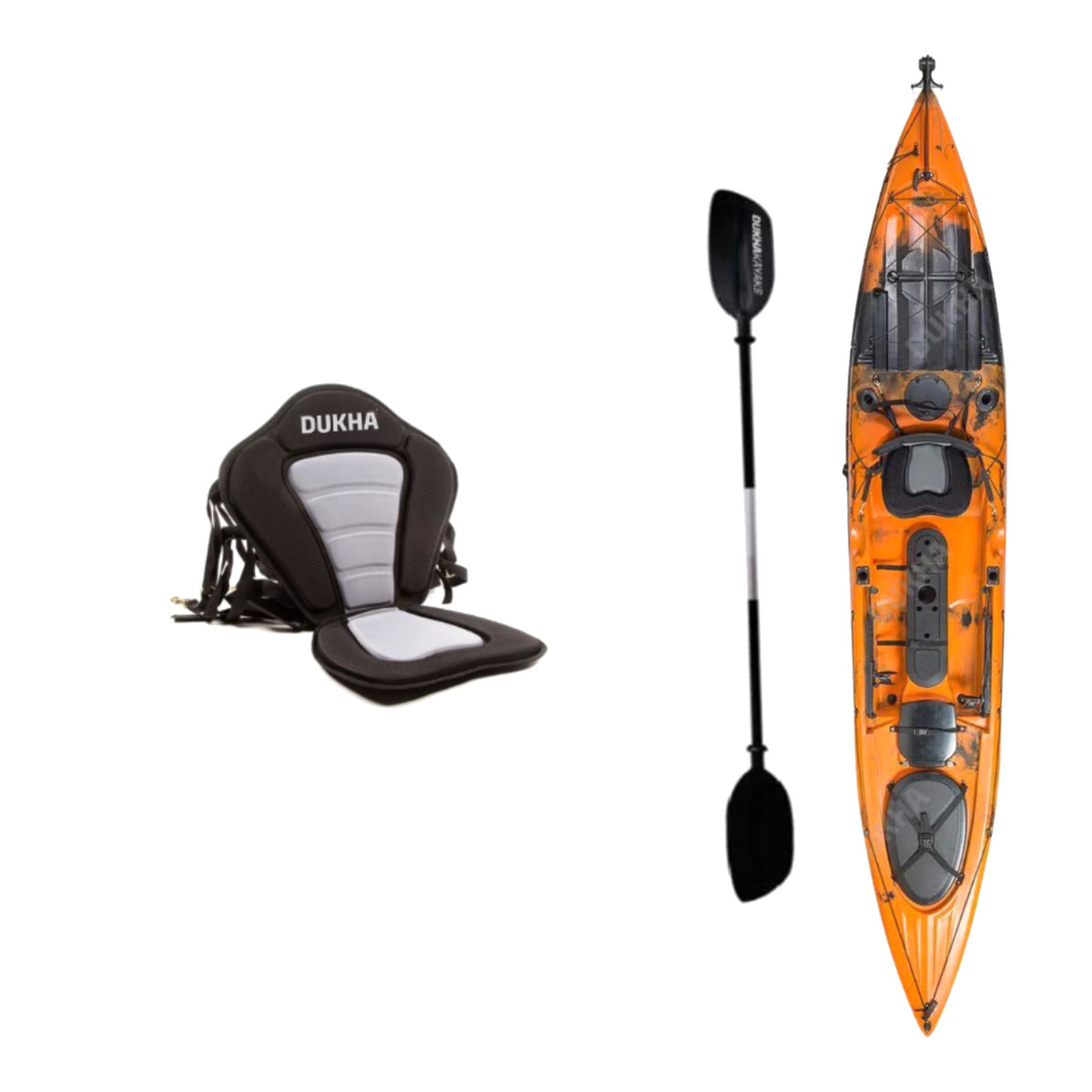 Kayak DUKHA Serra 14 color Orange Black, vista desde arriba con sus accesorios
