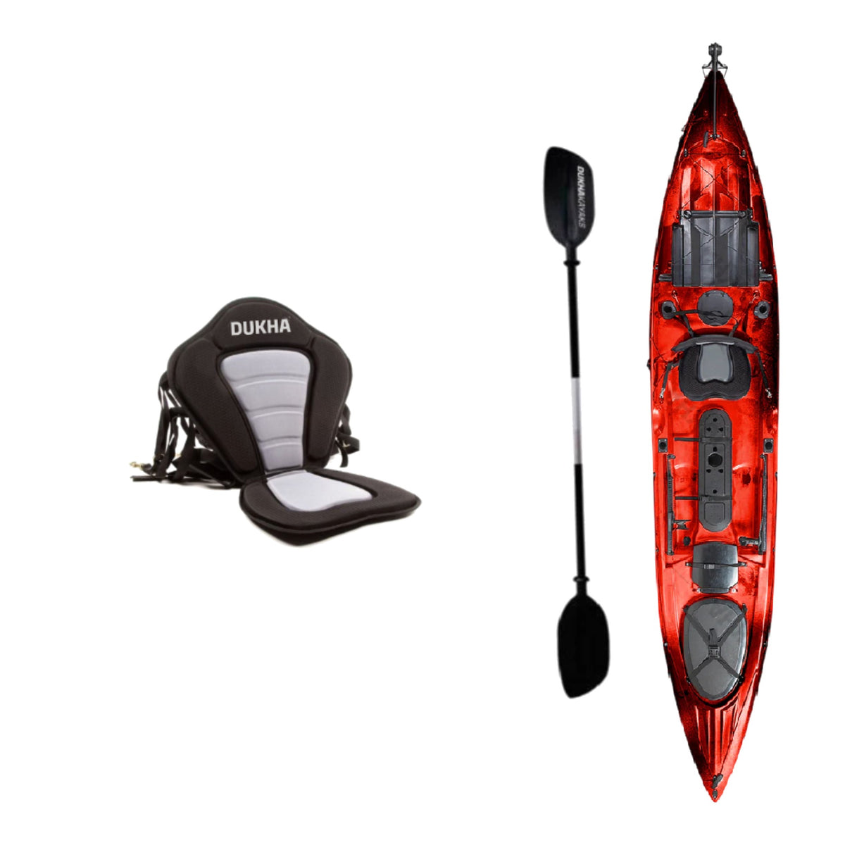 Kayak DUKHA Serra 14 color Red Camo, vista desde arriba con sus accesorios