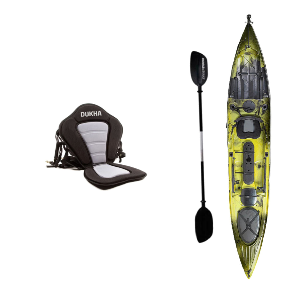 Kayak DUKHA Serra 14 color Yellow Camo, vista desde arriba con sus accesorios