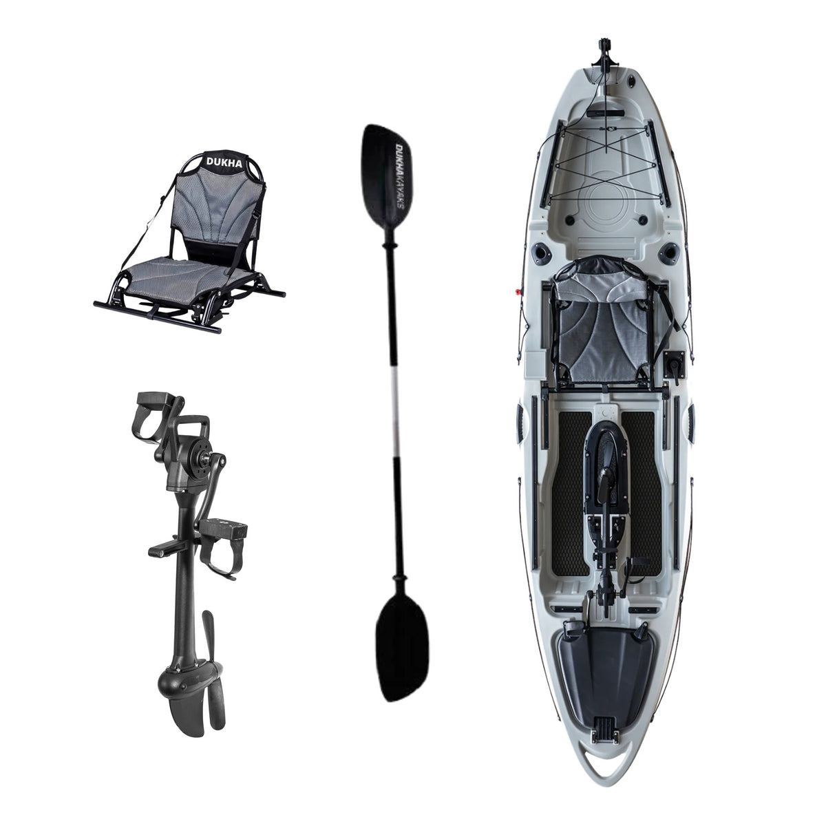 Kayak a pedales DUKHA Taimen 10.4 color Dark Grey, vista desde arriba con asiento, remo y pedalera