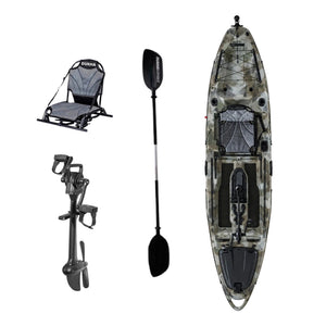 Kayak a pedales DUKHA Taimen 10.4 color Desert Camo, vista desde arriba con asiento, remo y pedalera