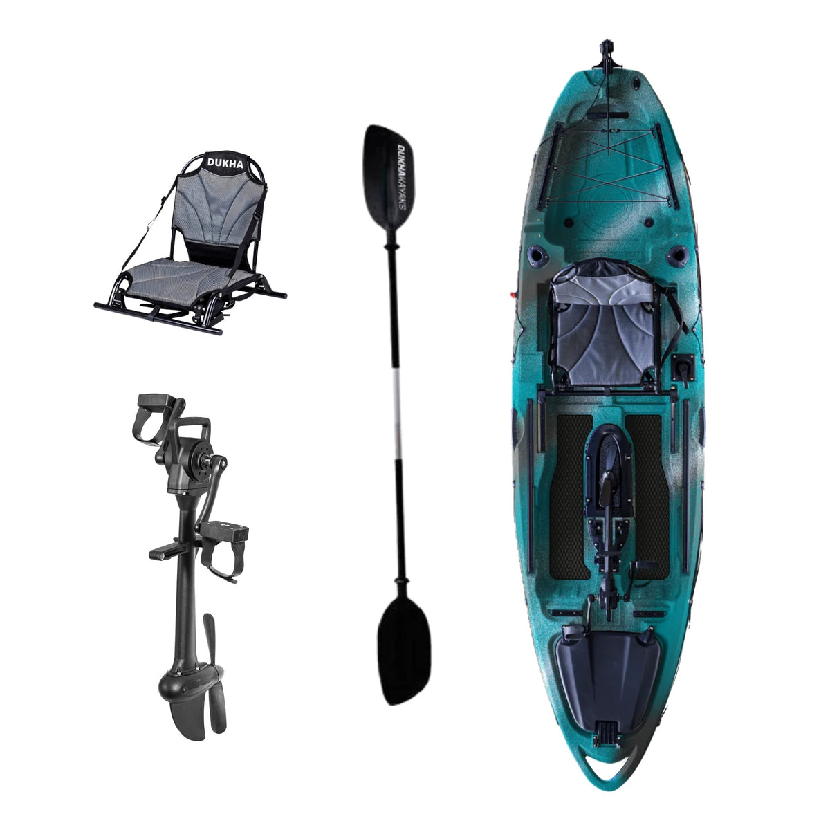 Kayak a pedales DUKHA Taimen 10.4 color Green Black Mixed, vista desde arriba con asiento, remo y pedalera