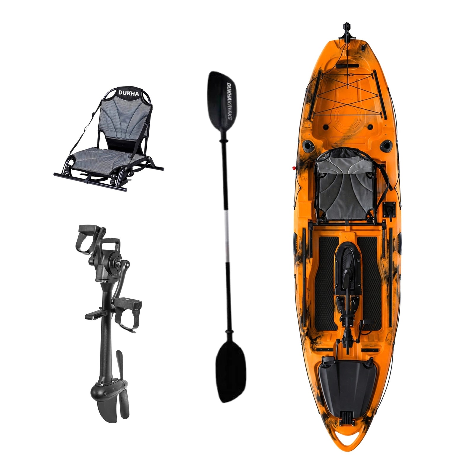 Kayak a pedales DUKHA Taimen 10.4 color Orange Black, vista desde arriba con asiento, remo y pedalera