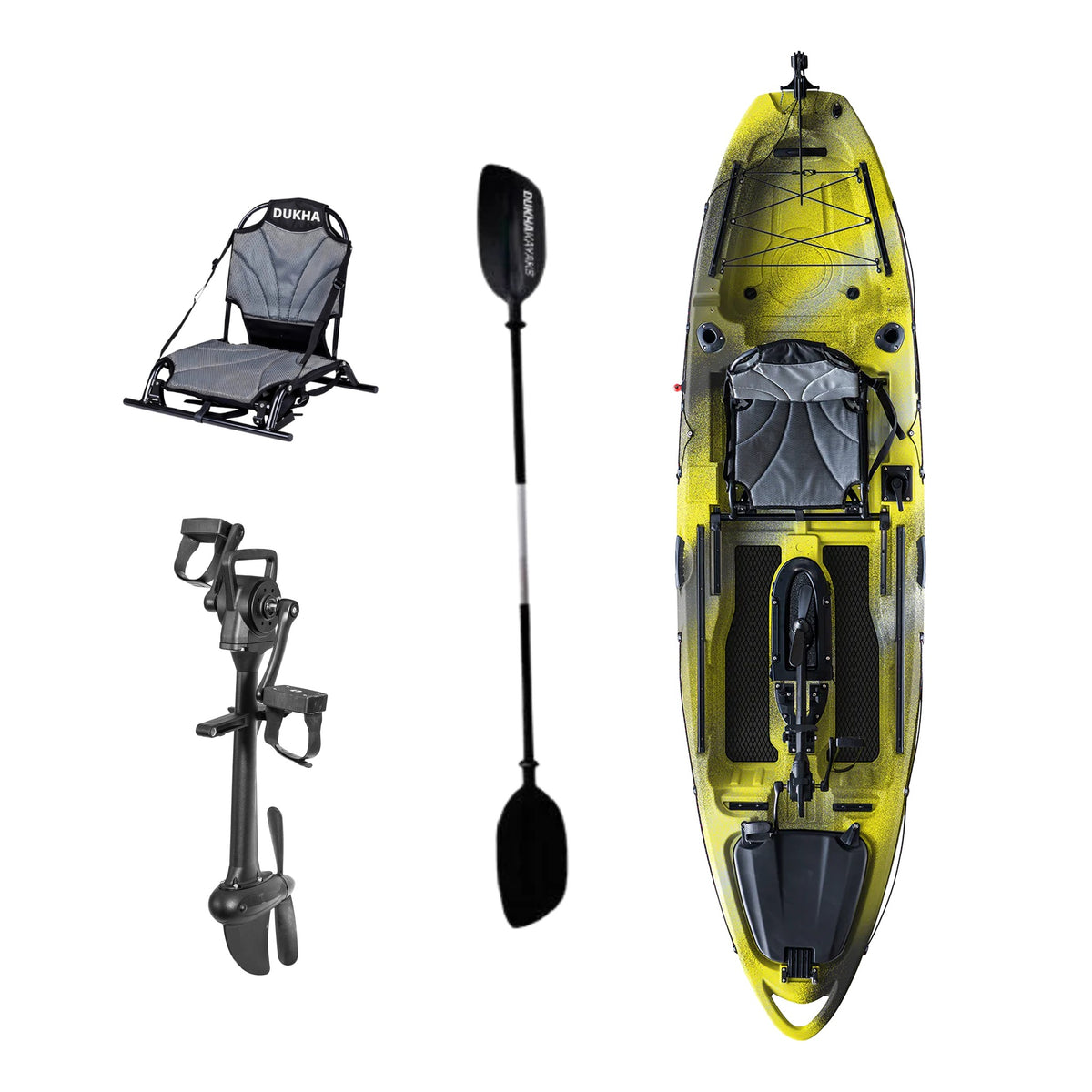 Kayak a pedales DUKHA Taimen 10.4 color Yellow Camo, vista desde arriba con asiento, remo y pedalera