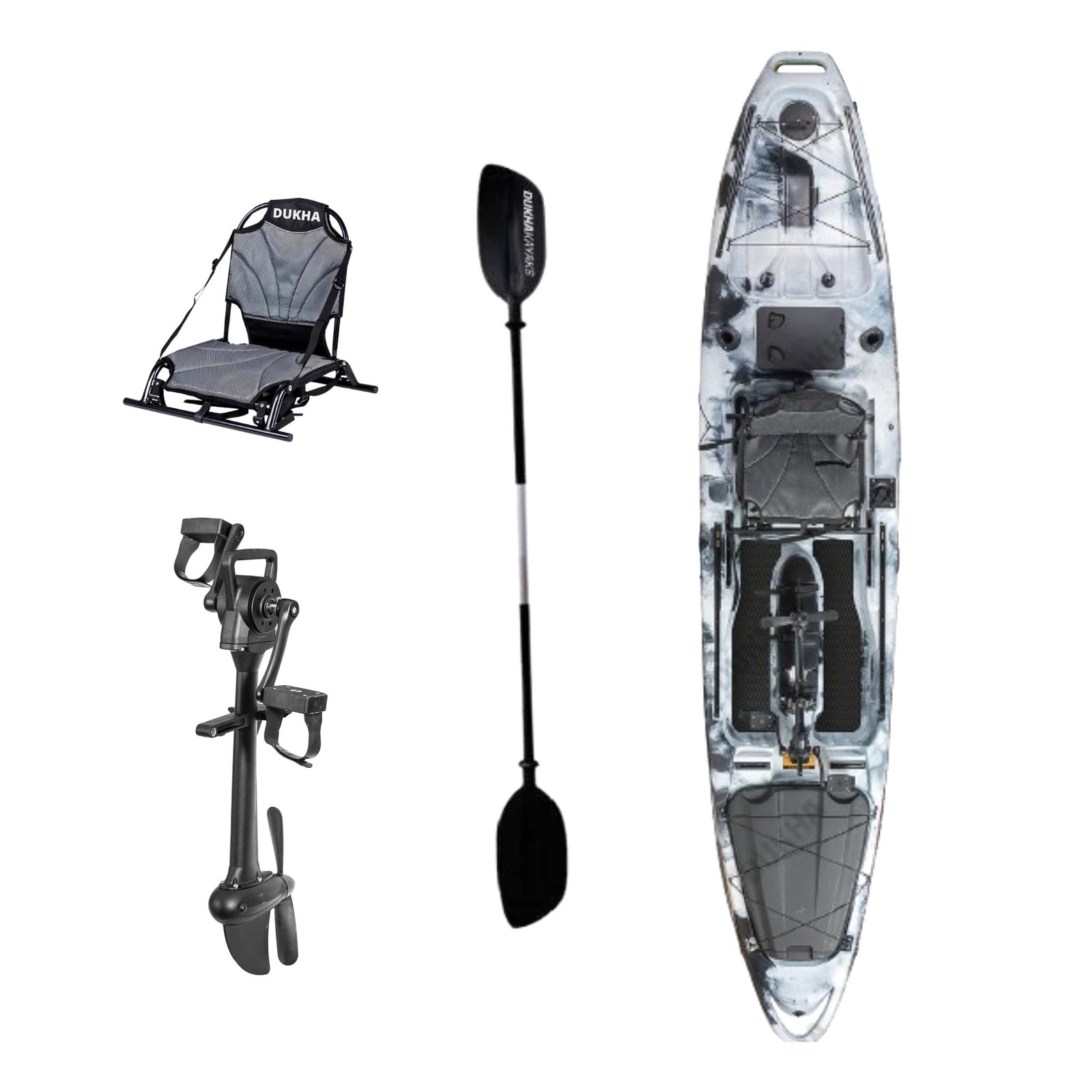Kayak a pedales DUKHA Taimen 13 color Black White, vista desde arriba con asiento, remo y pedalera