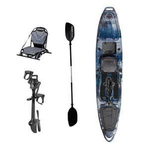 Kayak a pedales DUKHA Taimen 13 color Blue Black Mixed, vista desde arriba con asiento, remo y pedalera