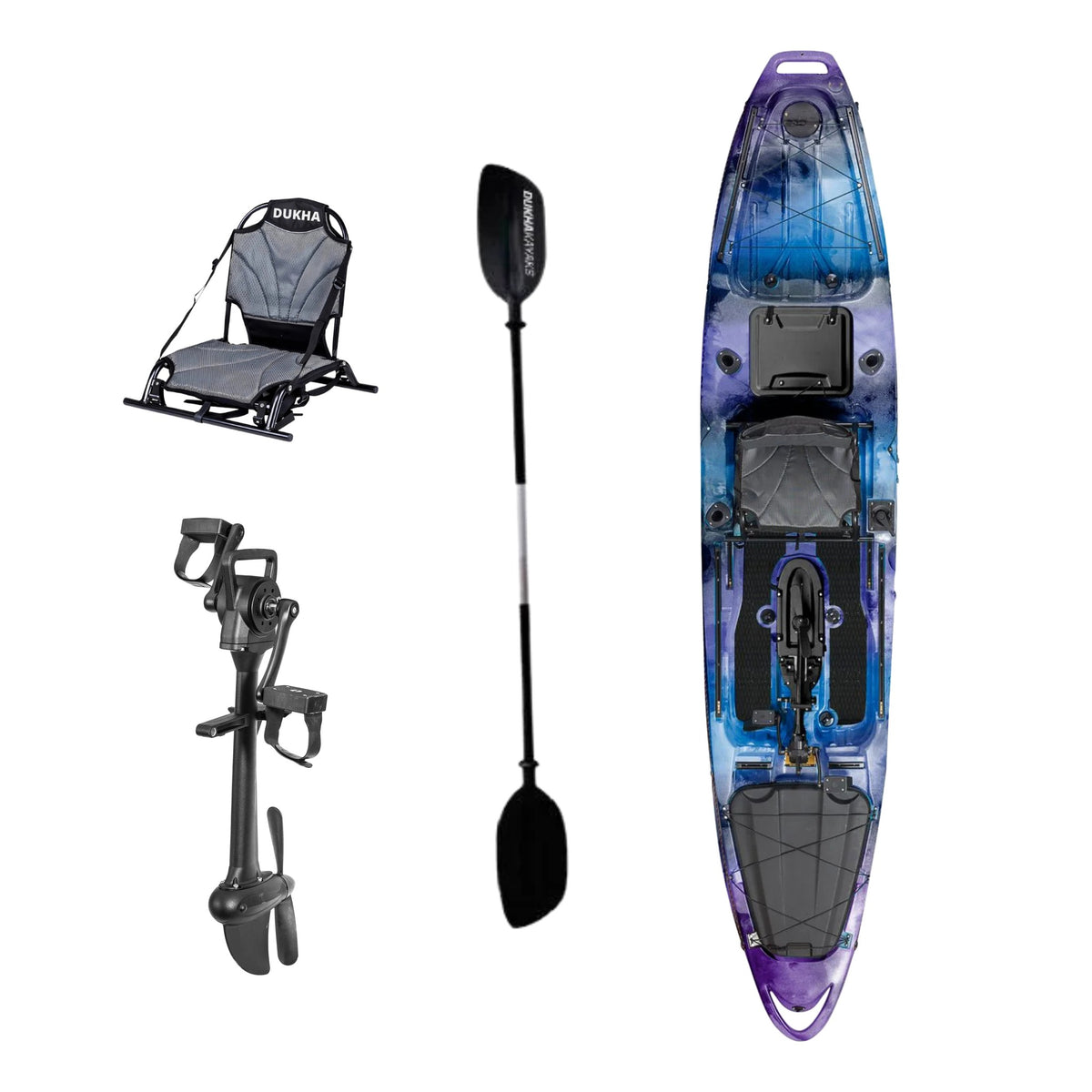 Kayak a pedales DUKHA Taimen 13 color Blue Purple Black, vista desde arriba con asiento, remo y pedalera
