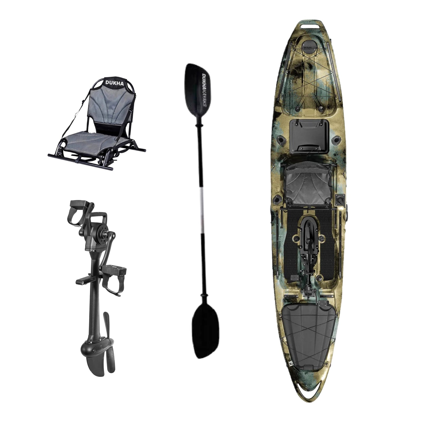 Kayak a pedales DUKHA Taimen 13 color Desert Camo, vista desde arriba con asiento, remo y pedalera