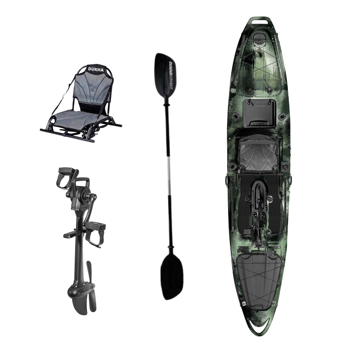 Kayak a pedales DUKHA Taimen 13 color Forest Camo, vista desde arriba con asiento, remo y pedalera