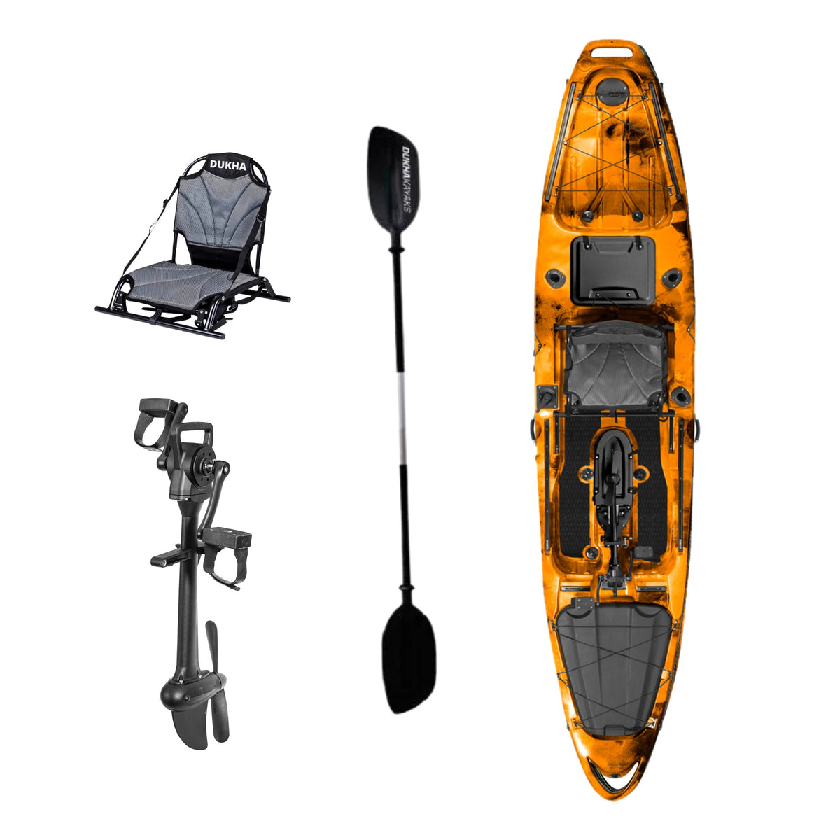 Kayak a pedales DUKHA Taimen 13 color Orange Black, vista desde arriba con asiento, remo y pedalera