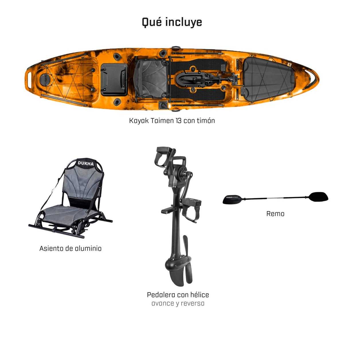 Qué incluye el kayak DUKHA Taimen 13: kayak con timón, asiento de aluminio, pedalera con hélice y remo