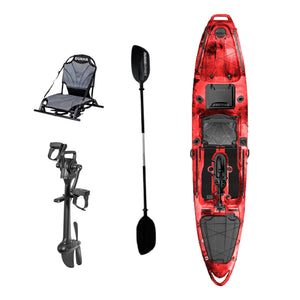 Kayak a pedales DUKHA Taimen 13 color Red Camo, vista desde arriba con asiento, remo y pedalera