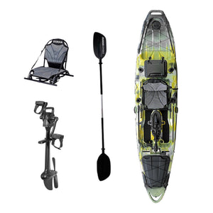Kayak a pedales DUKHA Taimen 13 color Yellow Camo, vista desde arriba con asiento, remo y pedalera