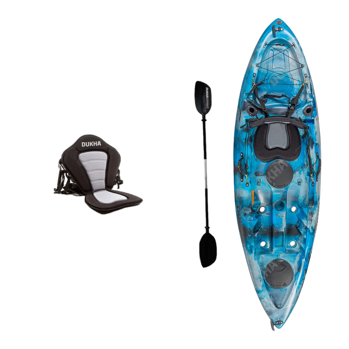 Kayak DUKHA Wahoo 9 color Blue Grey Black, vista desde arriba con sus accesorios