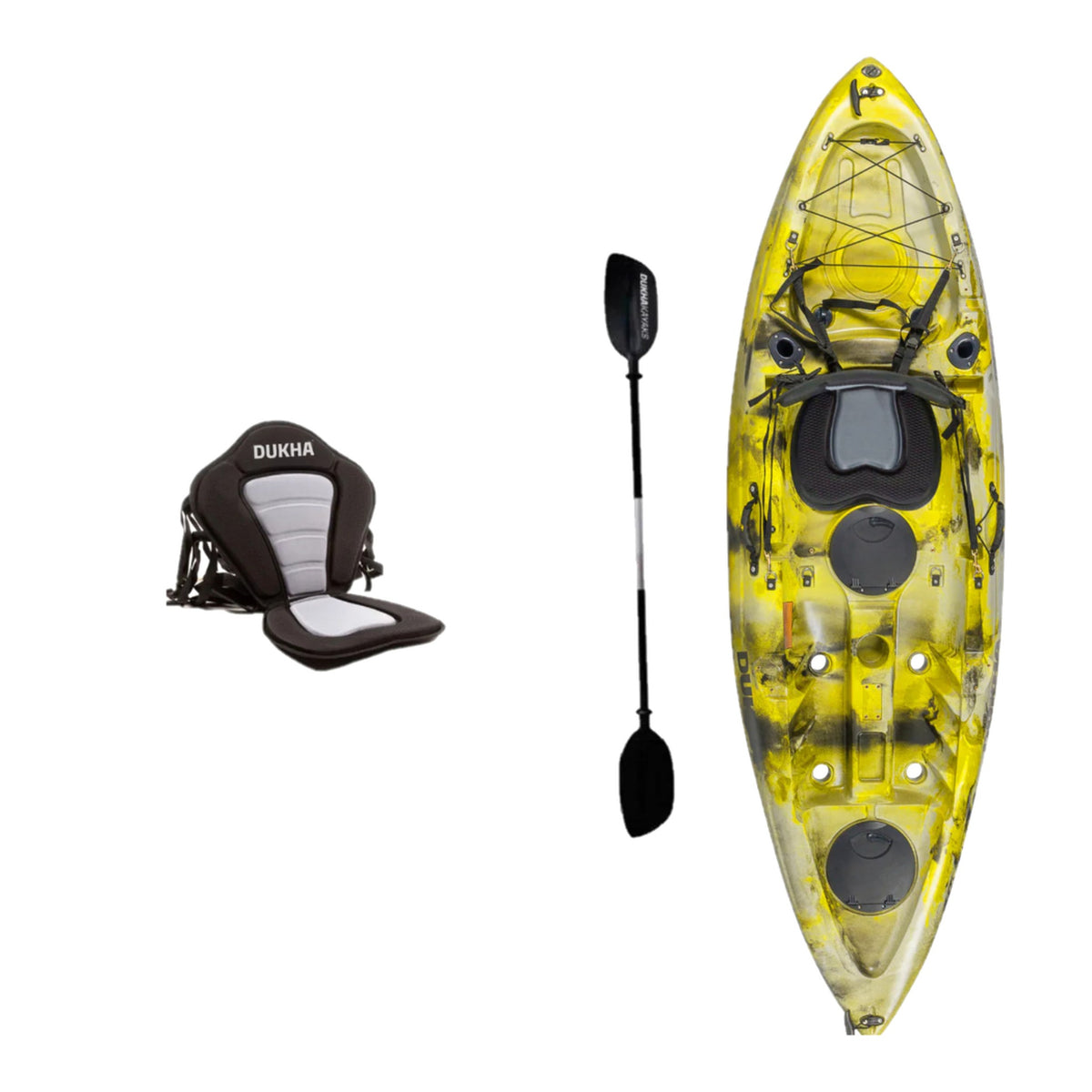 Kayak DUKHA Wahoo 9 color Yellow Camo, vista desde arriba con sus accesorios
