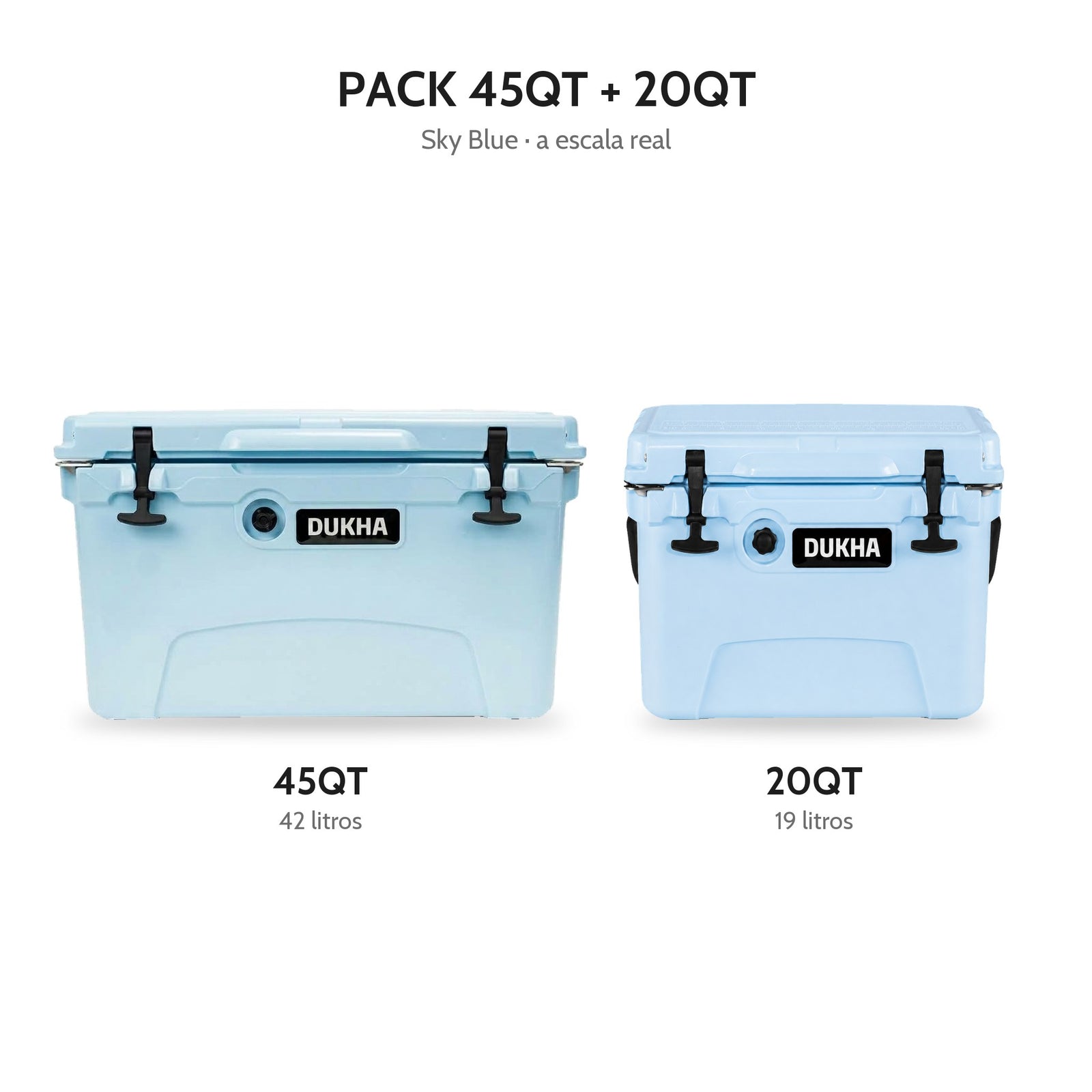 Pack Hard Cooler DUKHA 45QT + 20QT Sky Blue, los dos coolers del pack a escala real