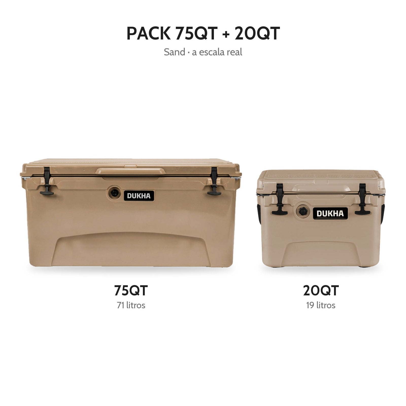 Pack Hard Cooler DUKHA 75QT + 20QT Sand, los dos coolers del pack a escala real