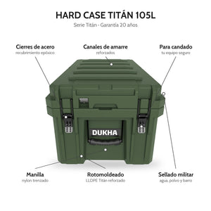 Hard Case DUKHA Titán 105L, características: cierres de acero, canales de amarre, sellado militar, rotomoldeado