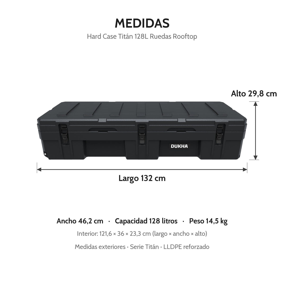 Hard Case DUKHA Titán 128L Ruedas Rooftop, medidas exteriores