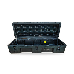 Hard Case DUKHA Titán 128L Ruedas Rooftop abierta, interior y tapa con amortiguadores