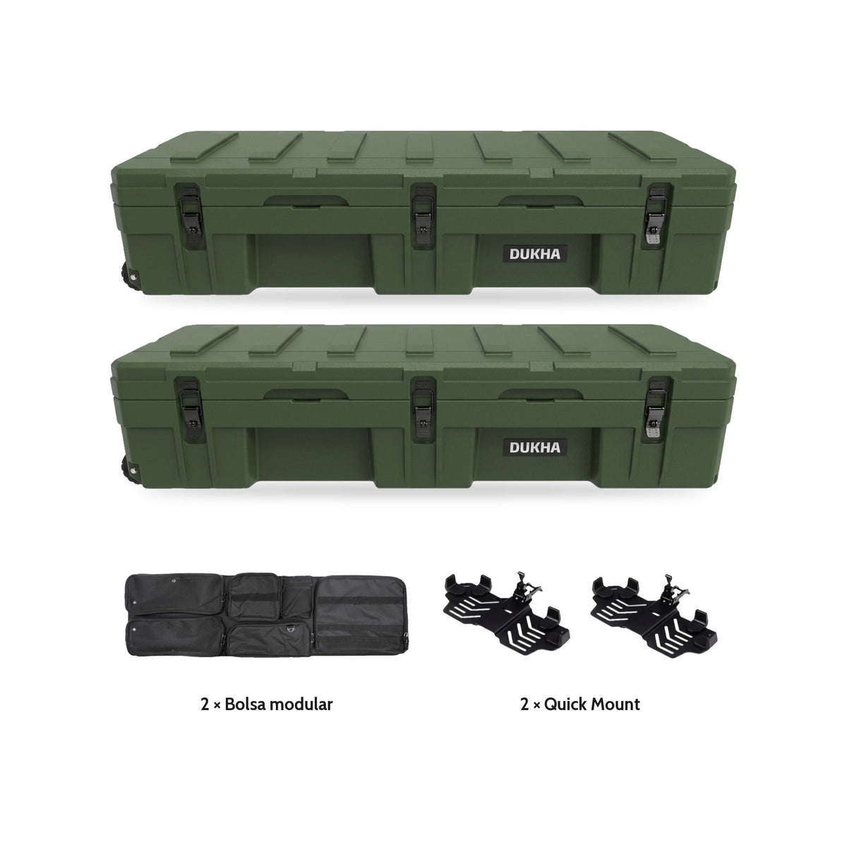 Pack x2 Hard Case DUKHA Titán 128L Ruedas Army Camo: 2 cajas, 2 bolsas modulares y 2 Quick Mount