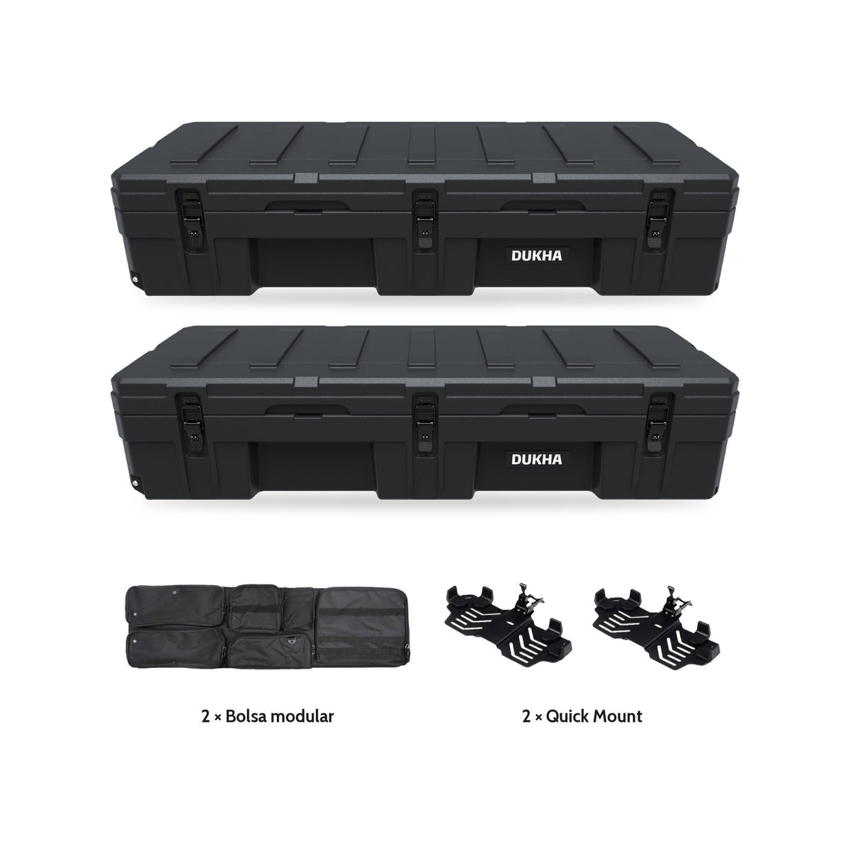 Pack x2 Hard Case DUKHA Titán 128L Ruedas negro: 2 cajas, 2 bolsas modulares y 2 Quick Mount